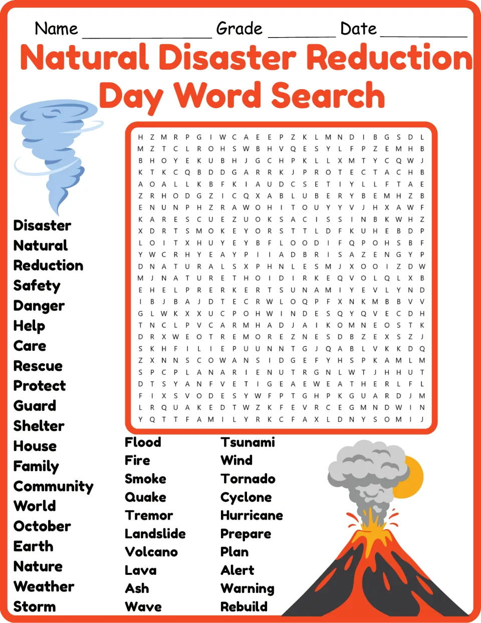 Color natural disaster word search with 40 terms, including disaster, safety, rescue, flood, and tsunami