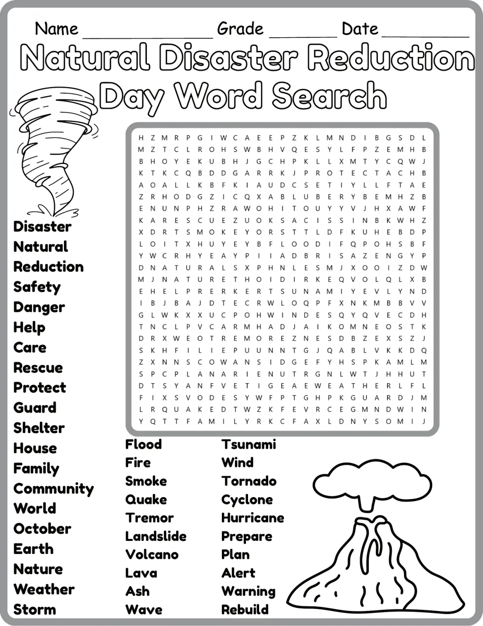 Black-and-white natural disaster word search with 40 terms, including shelter, warning, and rebuild