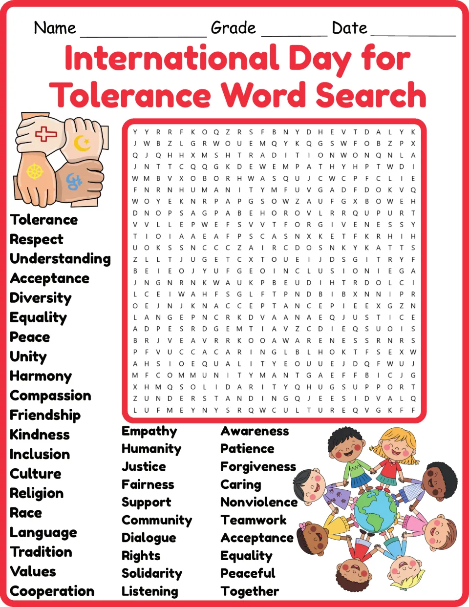 Color word search for International Day for Tolerance, including respect, understanding, and acceptance
