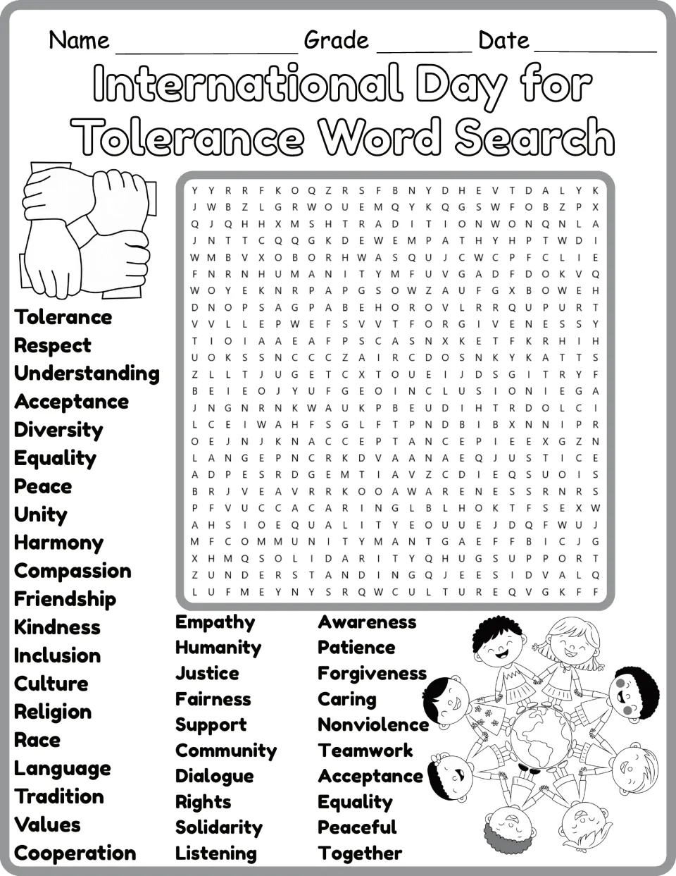 Black-and-white tolerance word search featuring kindness, cooperation, friendship, and forgiveness