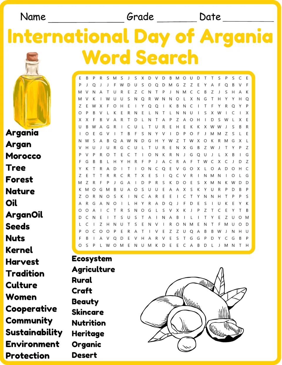 Color version of the argan vocabulary word search, featuring Morocco, kernel, harvest, and sustainability.