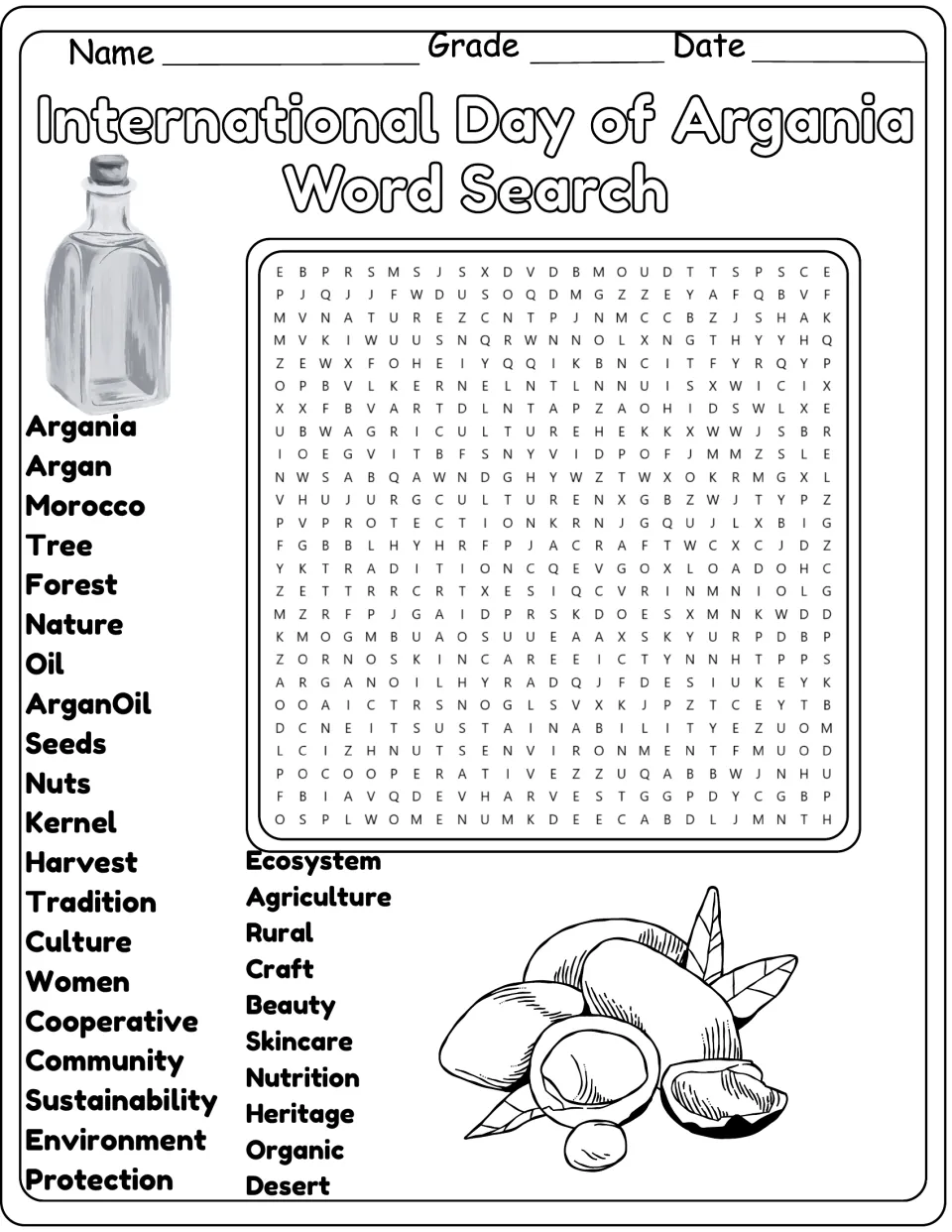 Black-and-white version of the same argan word search, including agriculture, cooperative, and heritage.