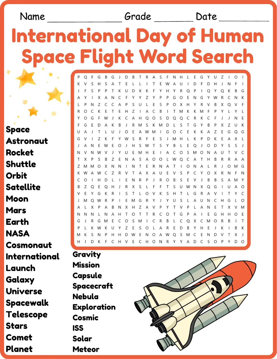 Human space flight word search in color: students find 30 space words such as astronaut, orbit, NASA and nebula in the grid