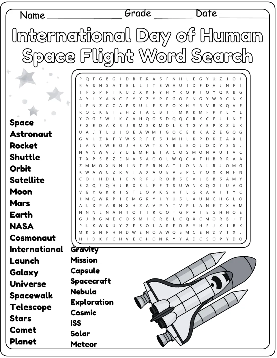 Black-and-white space flight word search: students locate 30 terms like rocket, cosmonaut, galaxy and spacewalk in the grid