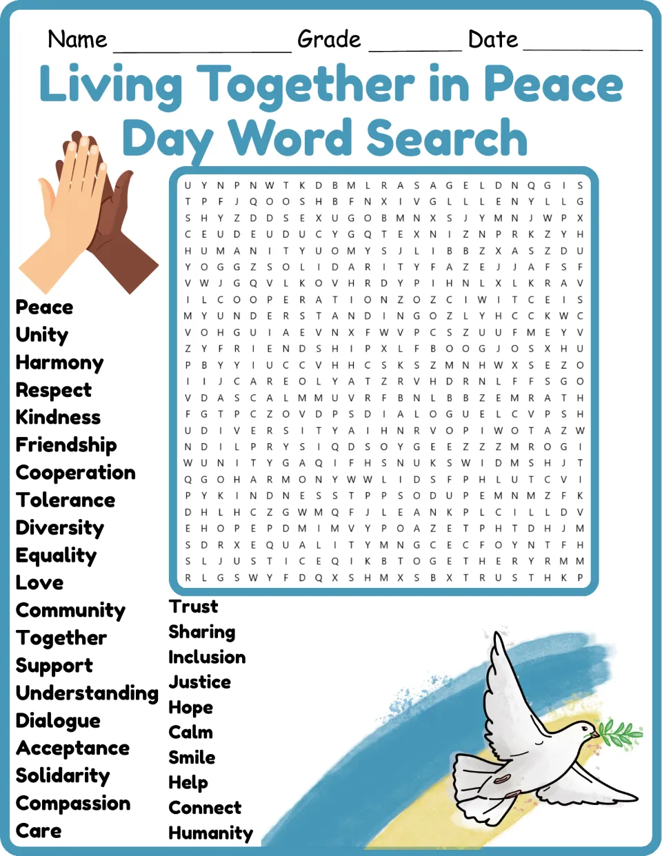 Color version of the peace word search with 30 words, including unity, harmony, respect, and kindness.