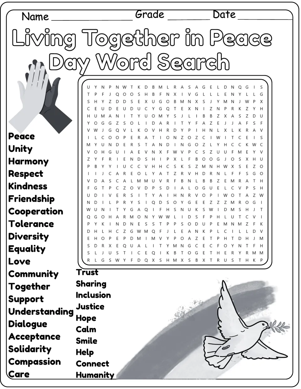 Black-and-white version of the same 30-word peace word search, including friendship, cooperation, and trust.