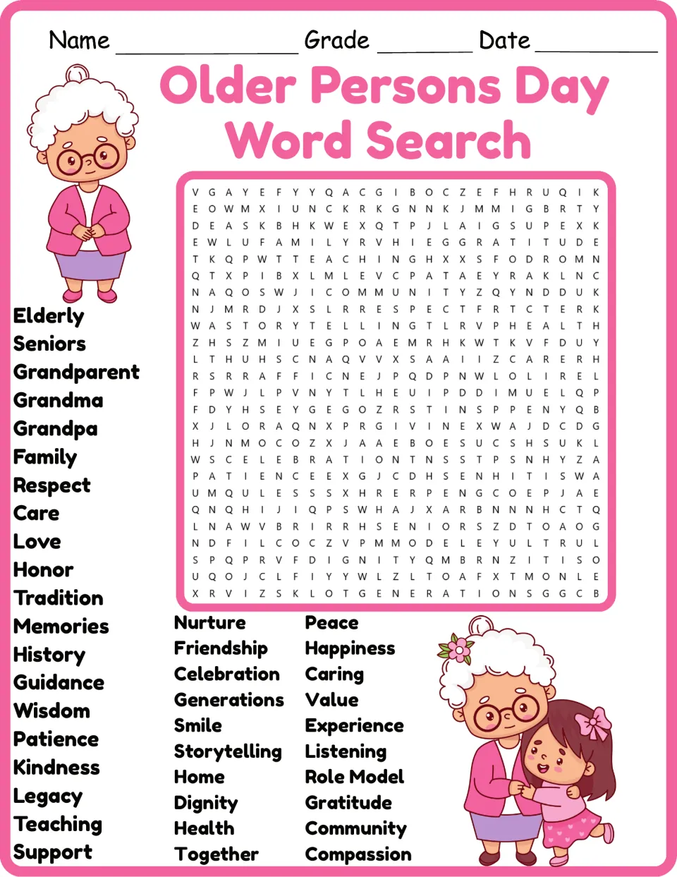 Color version of the older adults word search featuring grandparent, respect, wisdom, kindness, and legacy
