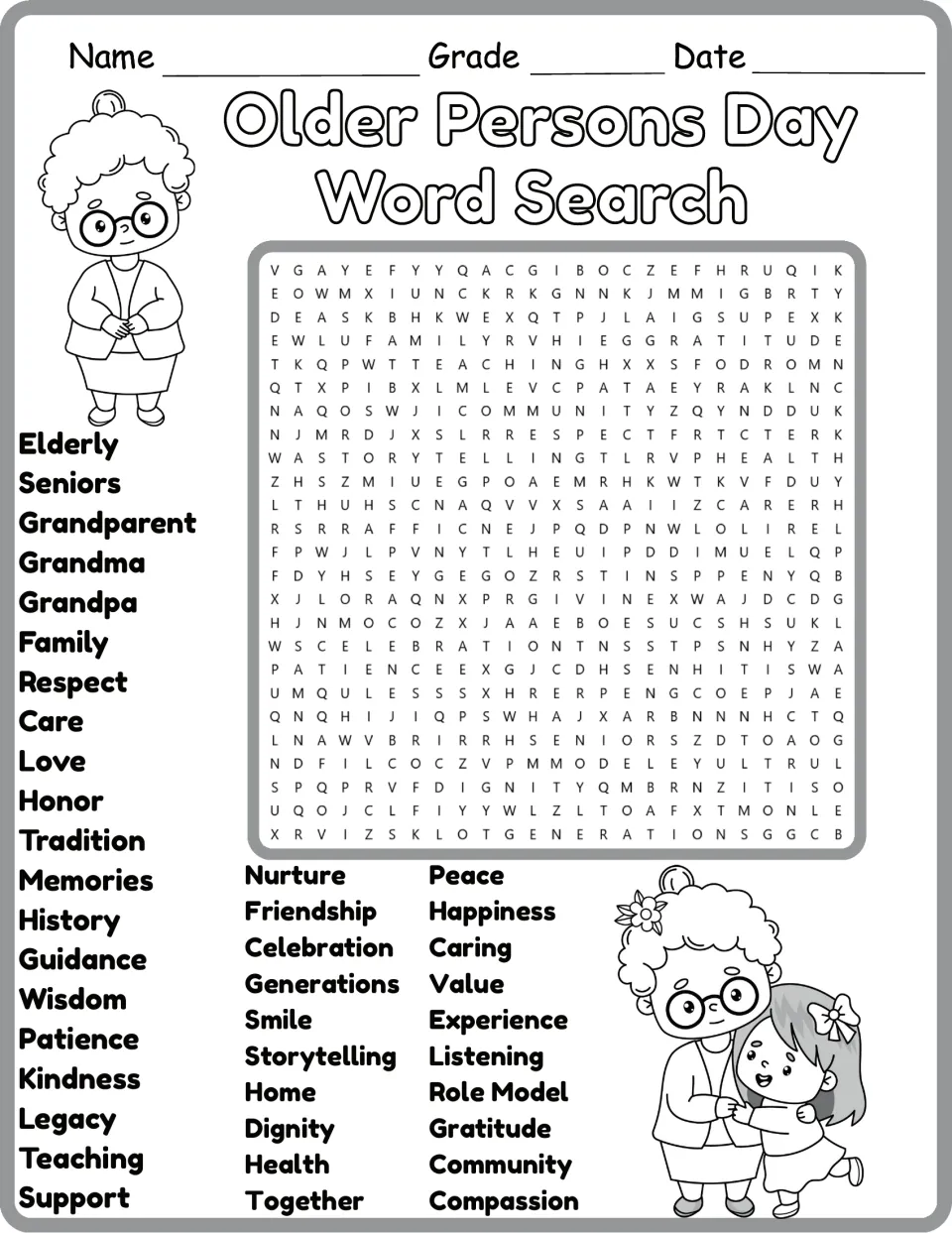 Black-and-white version of the older adults word search featuring family, dignity, gratitude, and community