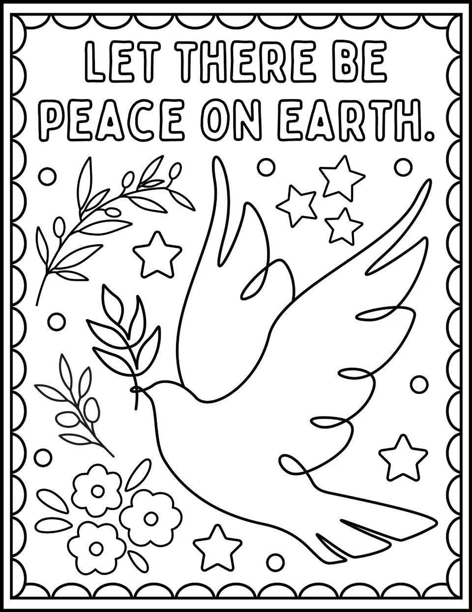 Peace dove coloring: students color "Let there be peace on Earth." with a dove holding an olive branch, flowers and stars