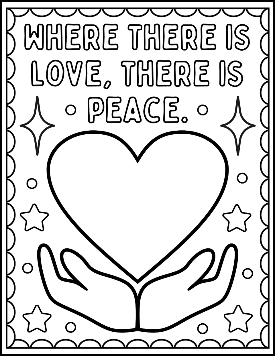 Love and peace coloring: students color "Where there is love, there is peace." with two open hands holding a large heart