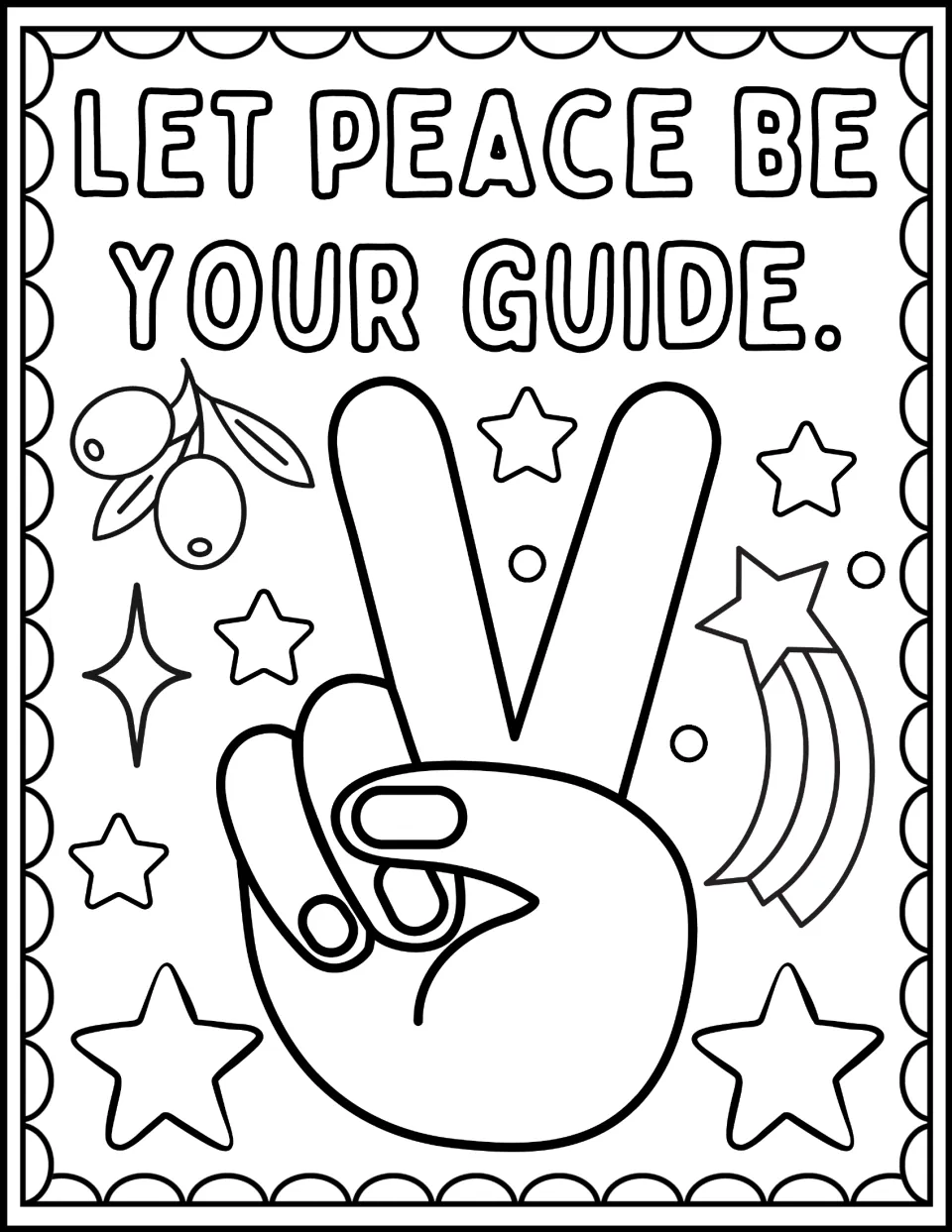 Peace sign hand coloring: students color "Let peace be your guide." with a two-finger V hand, olives and a shooting star