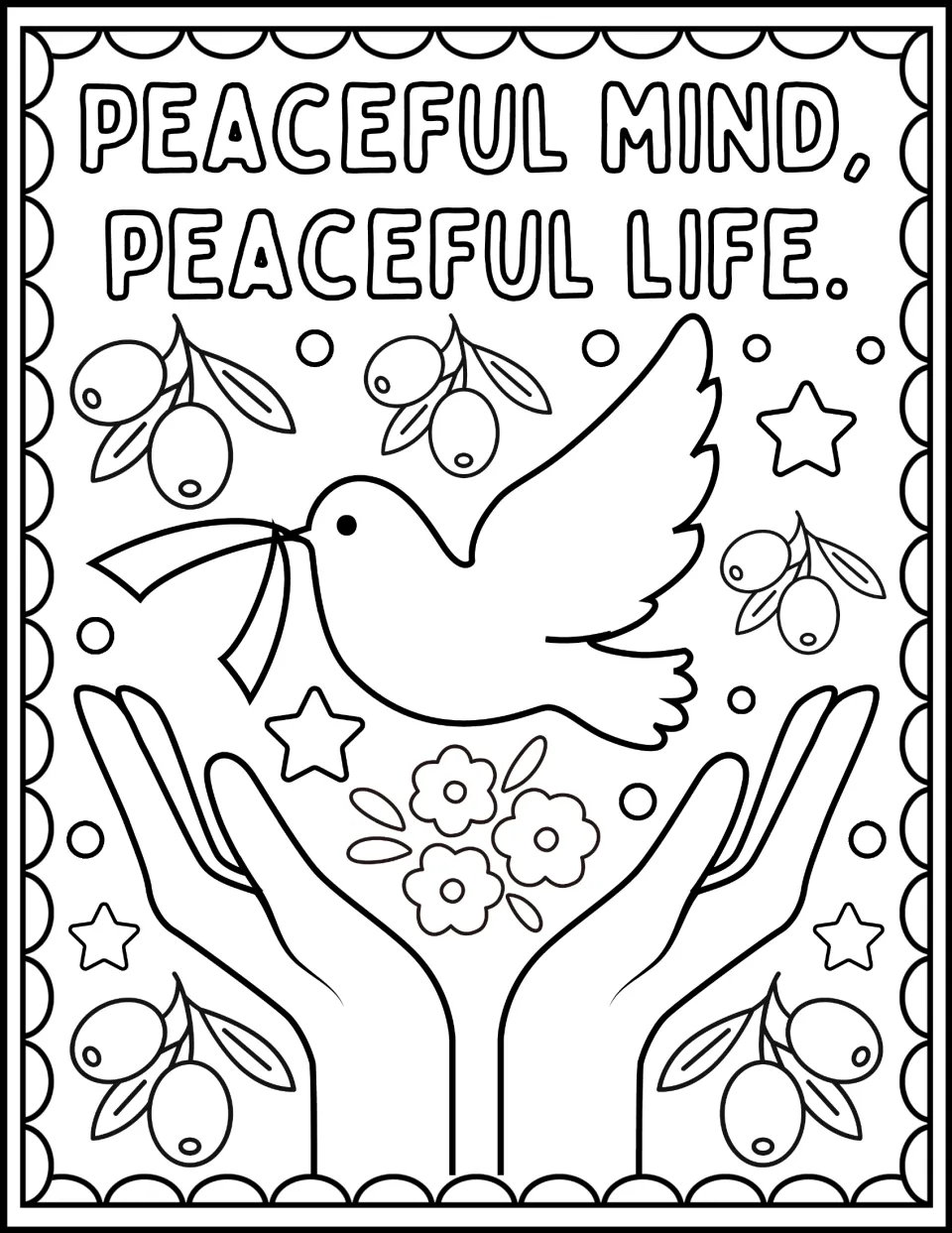 Peaceful mind coloring: students color "Peaceful mind, peaceful life." with a dove carrying a ribbon over raised hands