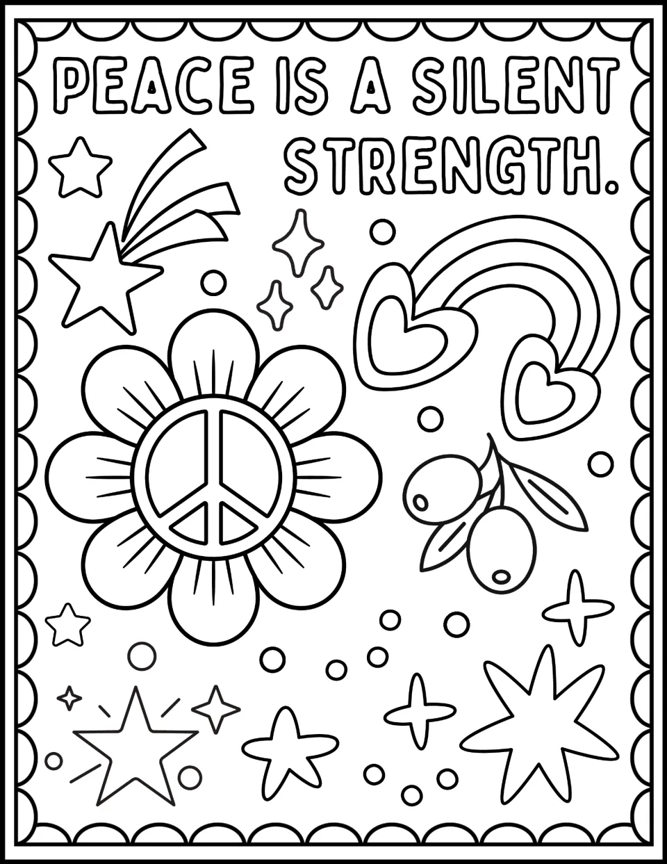 Strength quote coloring: students color "Peace is a silent strength." with a peace sign flower and a rainbow of hearts