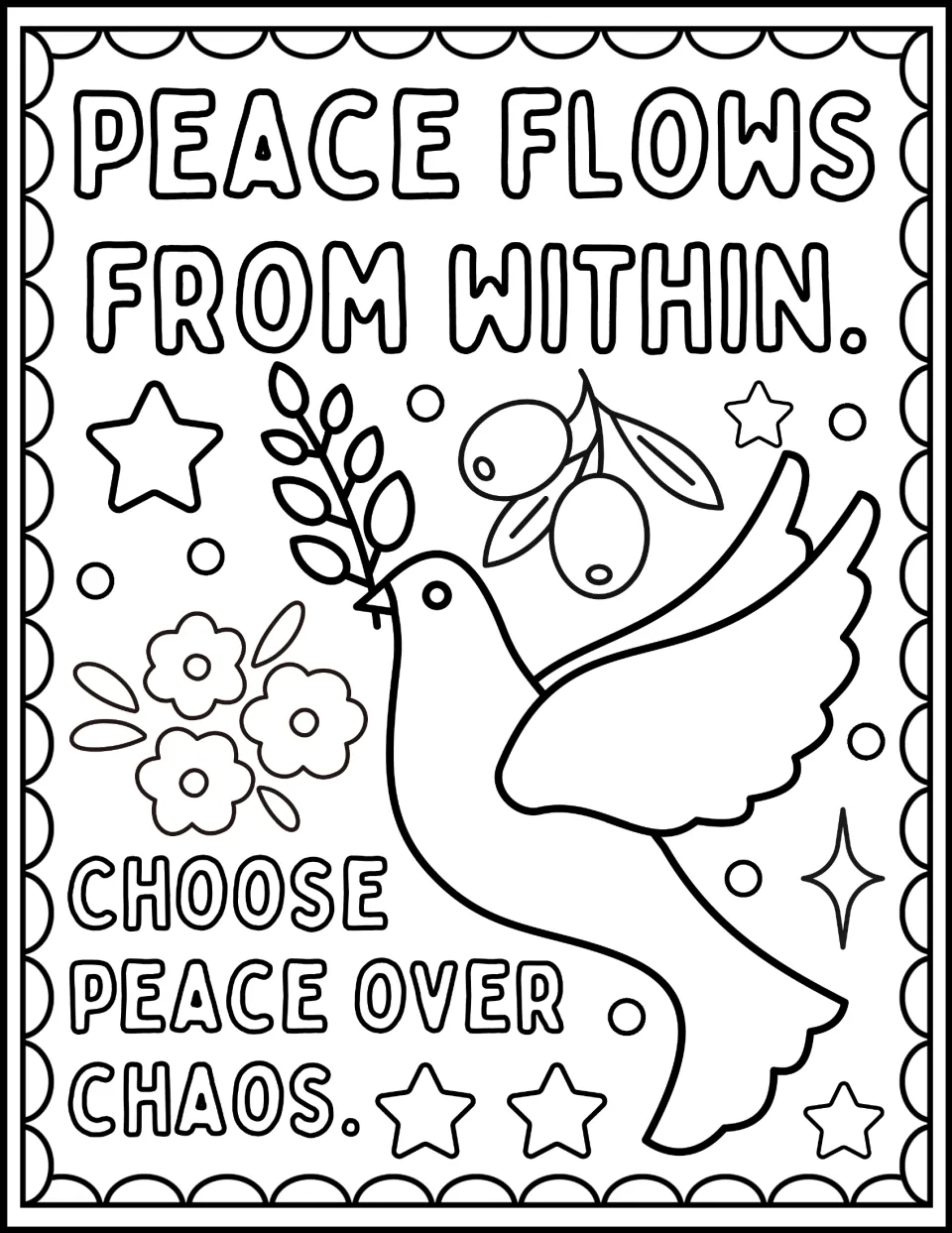 Inner peace coloring: students color "Peace flows from within." and "Choose peace over chaos." around a dove with a branch