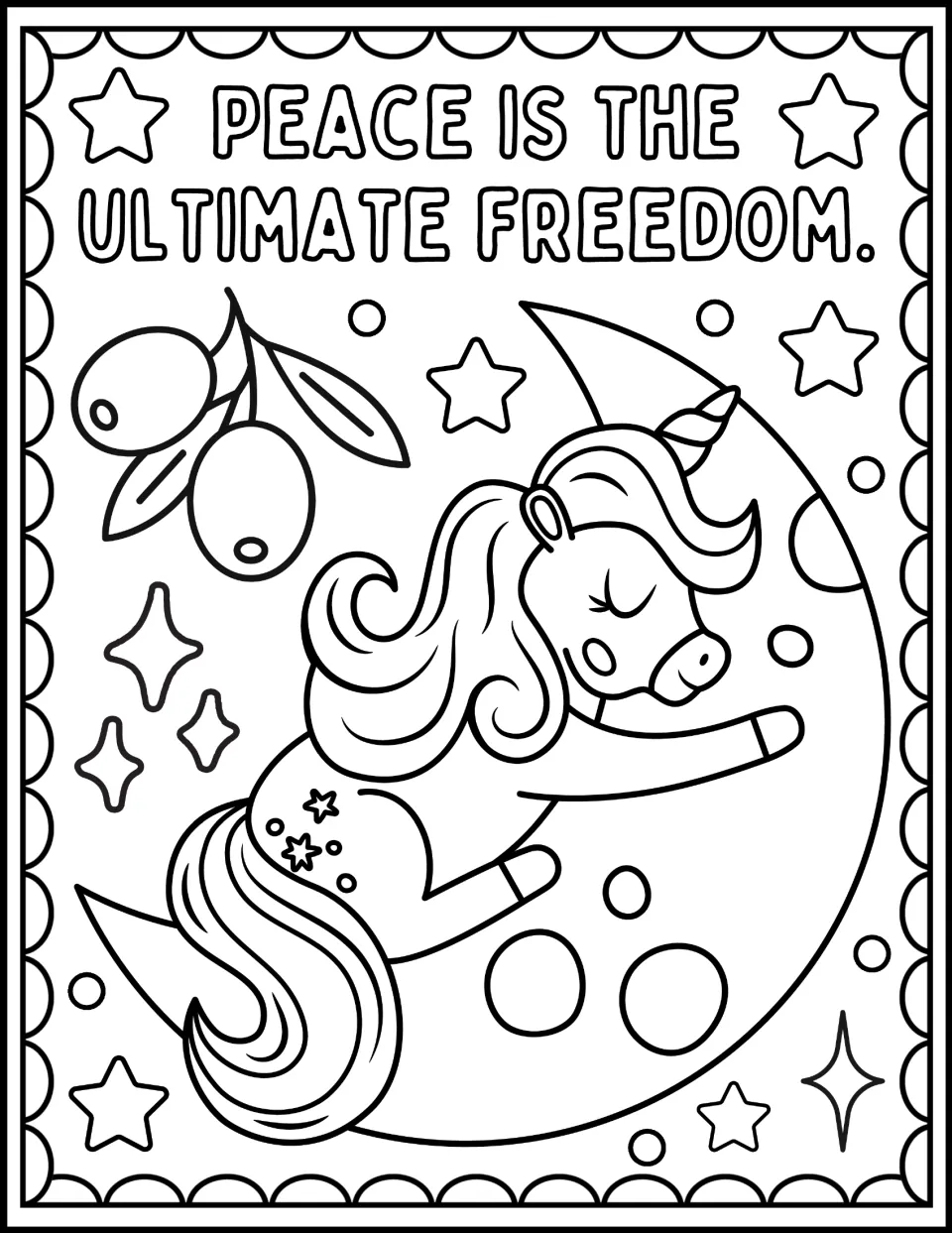 Freedom quote coloring: students color "Peace is the ultimate freedom." with a sleeping unicorn on a crescent moon