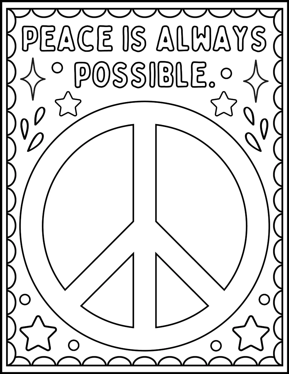Peace symbol coloring: students color "Peace is always possible." and one large peace symbol framed by stars and sparkles