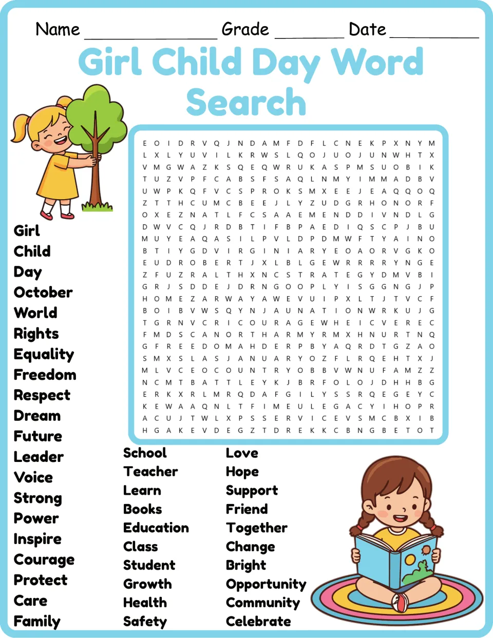 Color version of the word search listing Girl, Child, Equality, Education, Opportunity, and Community.