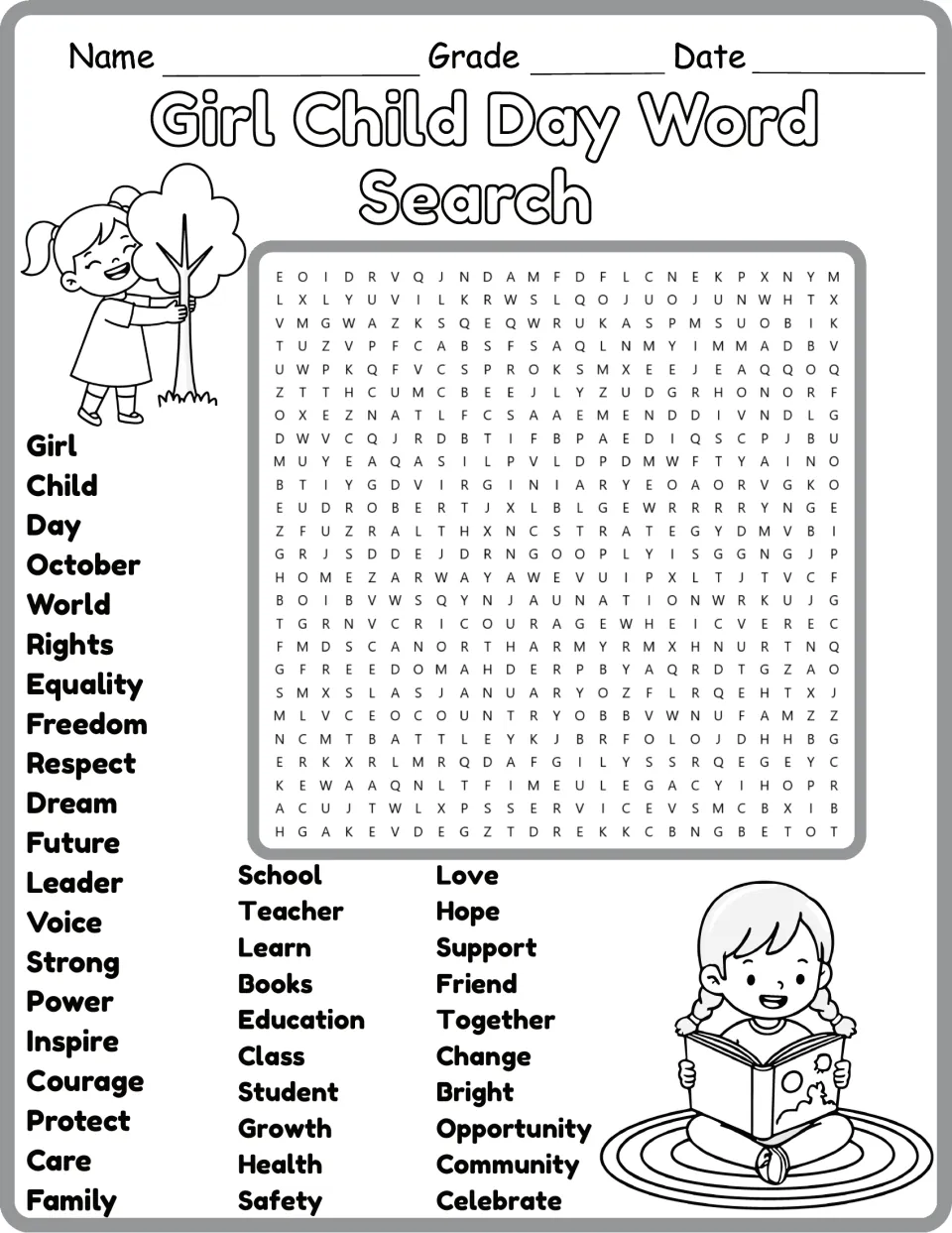 Black-and-white version of the word search listing Rights, Freedom, Respect, School, Teacher, and Love.