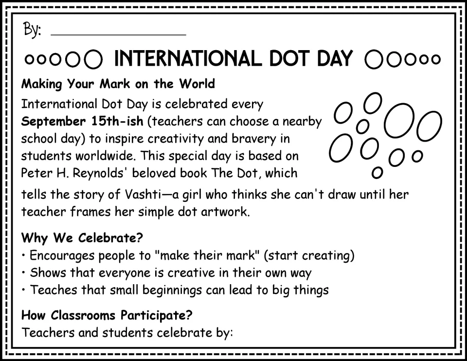 Black-and-white passage opening: Dot Day's date, inspiration from The Dot, and encouragement to create