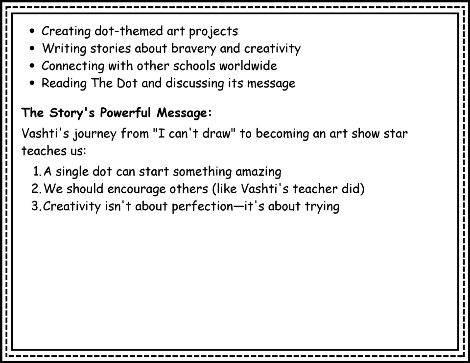Passage continuation: classroom Dot Day celebrations and three lessons about trying and encouraging others