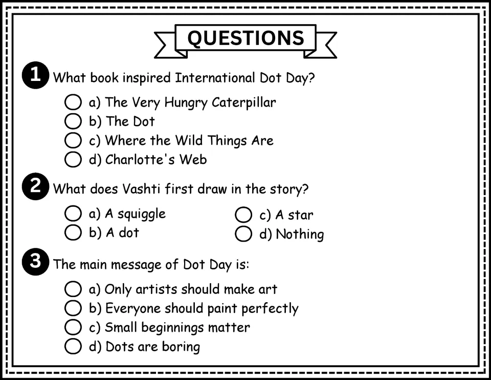 Questions 1–3: multiple-choice items about the book behind Dot Day, Vashti's first drawing, and the message