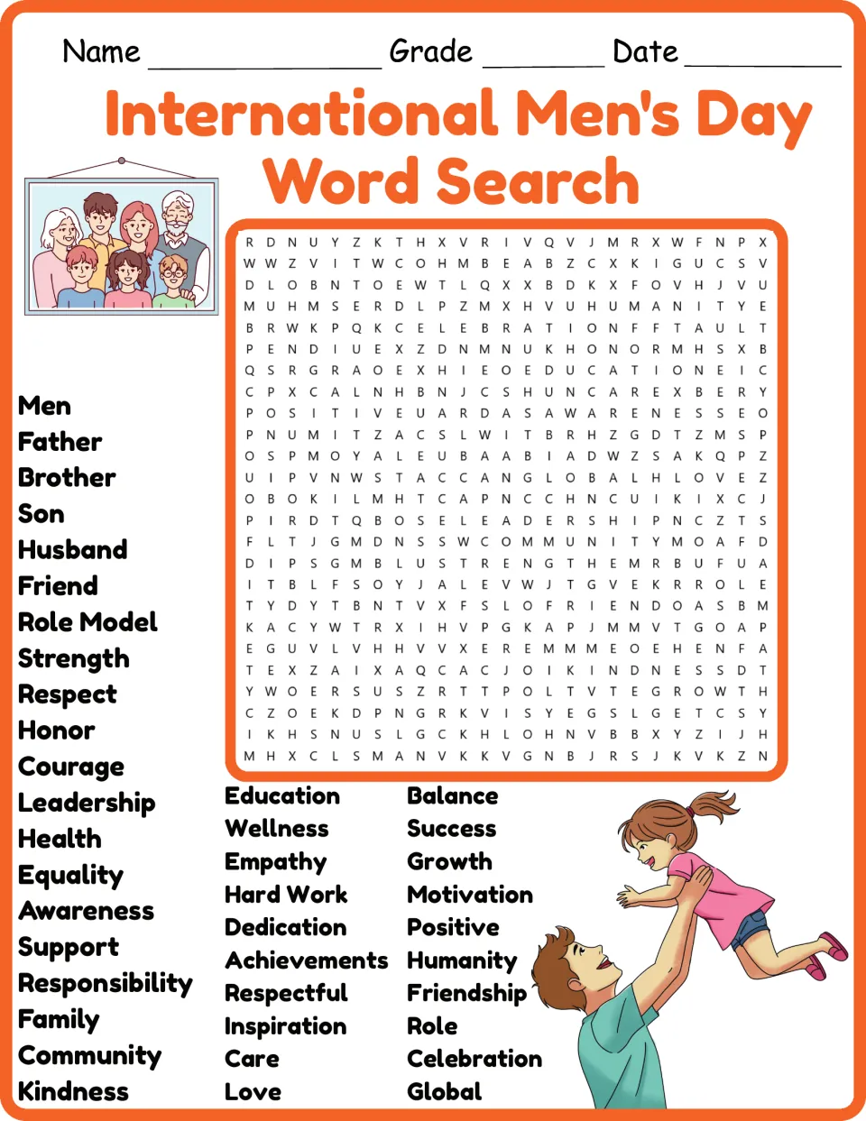 Color word search for International Men's Day featuring 40 words, including father, equality, and leadership