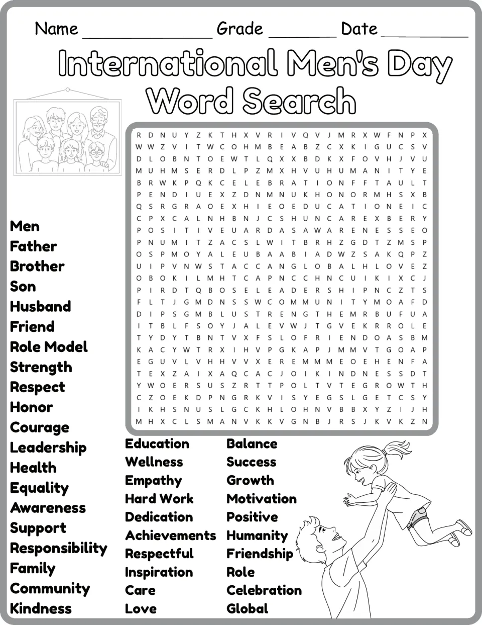 Black-and-white version of the 40-word vocabulary search featuring responsibility, kindness, and community