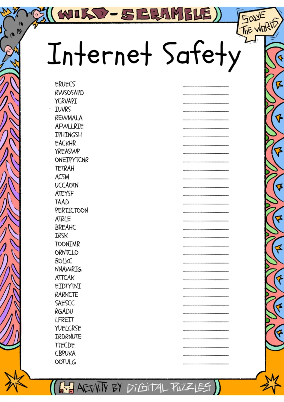 Internet safety word scramble: students unscramble 34 terms such as ERUECS and RWSOSAPD and write each word on the line