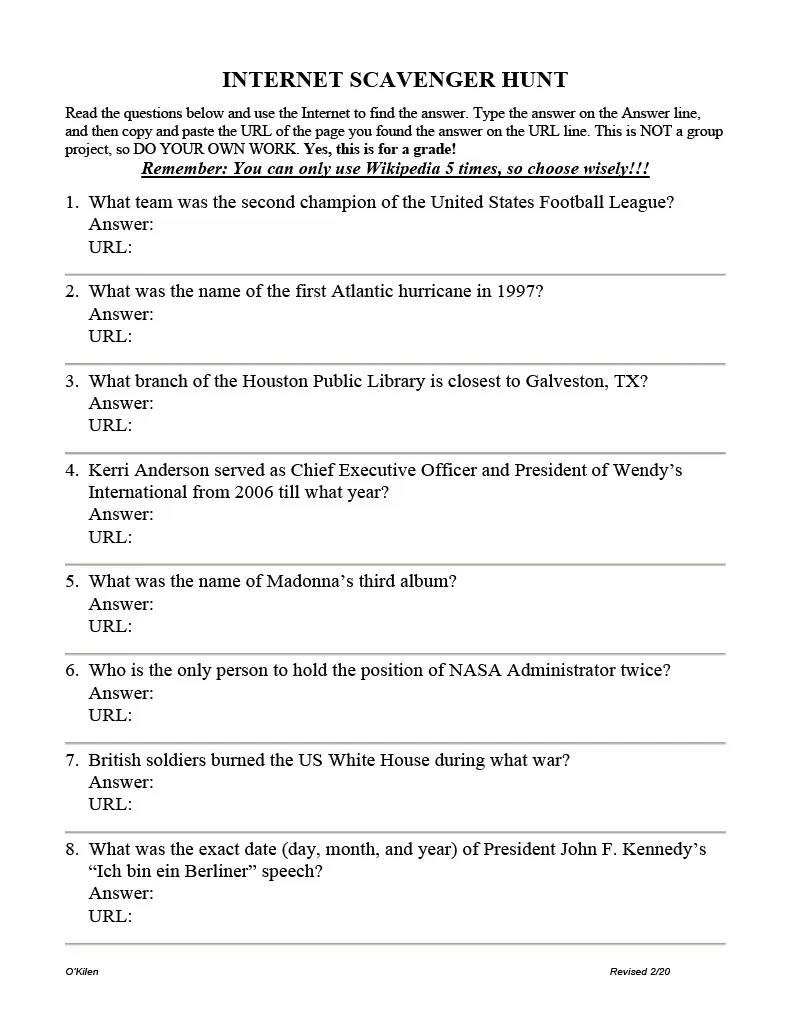 Internet Scavenger Hunt – Computer Class Activity – cover