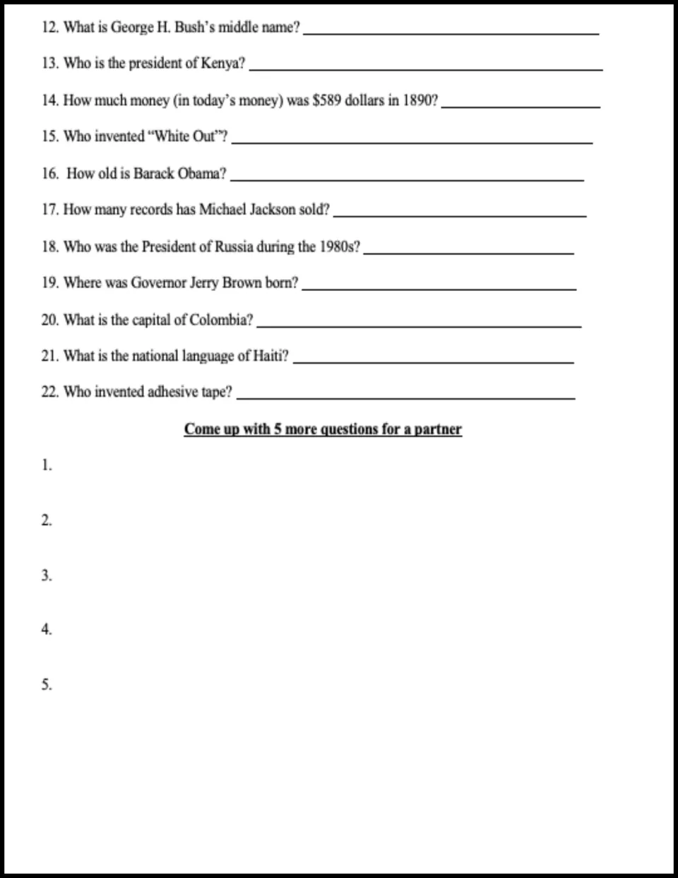 Internet research questions 12 to 22 on inventors, capitals and leaders, then students write 5 new questions for a partner