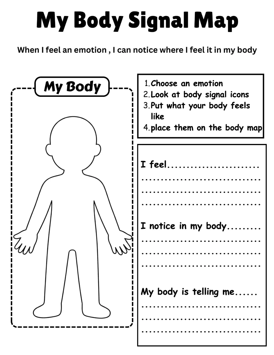 My Body Signal Map asks students to choose an emotion, place body signal icons, and write about sensations.