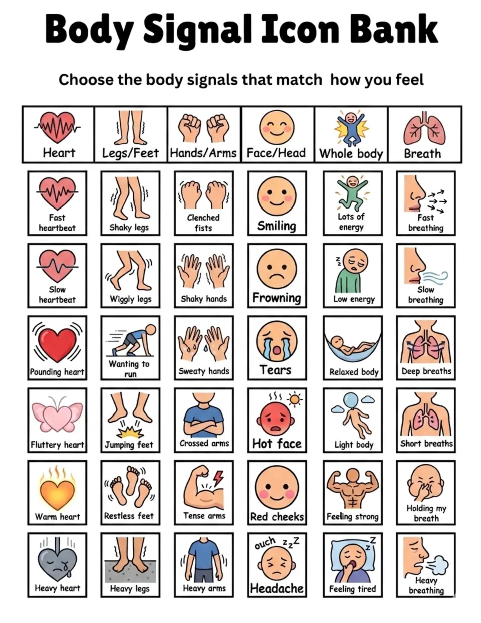 Body Signal Icon Bank provides 36 sensations for the heart, legs, hands, face, whole body, and breathing.