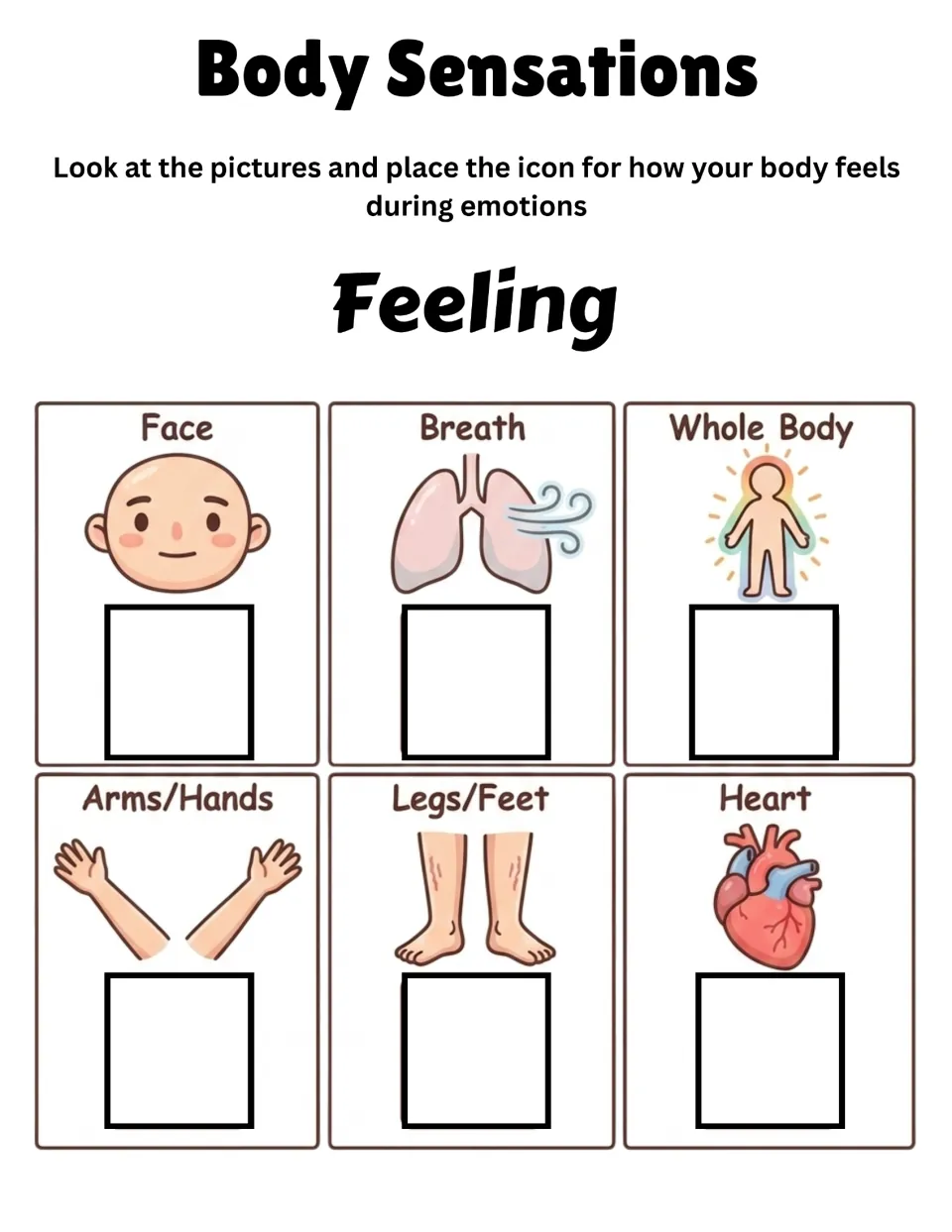Body Sensations activity asks students to place icons for feelings in six areas, including face and heart.