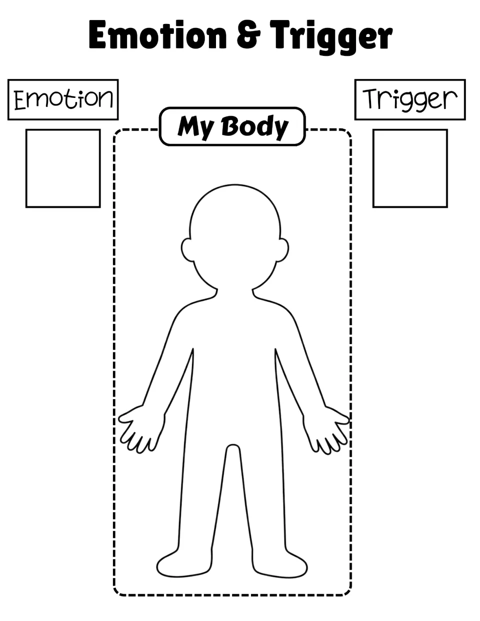 Emotion & Trigger mapping activity pairs a body outline with spaces to identify an emotion and a trigger.