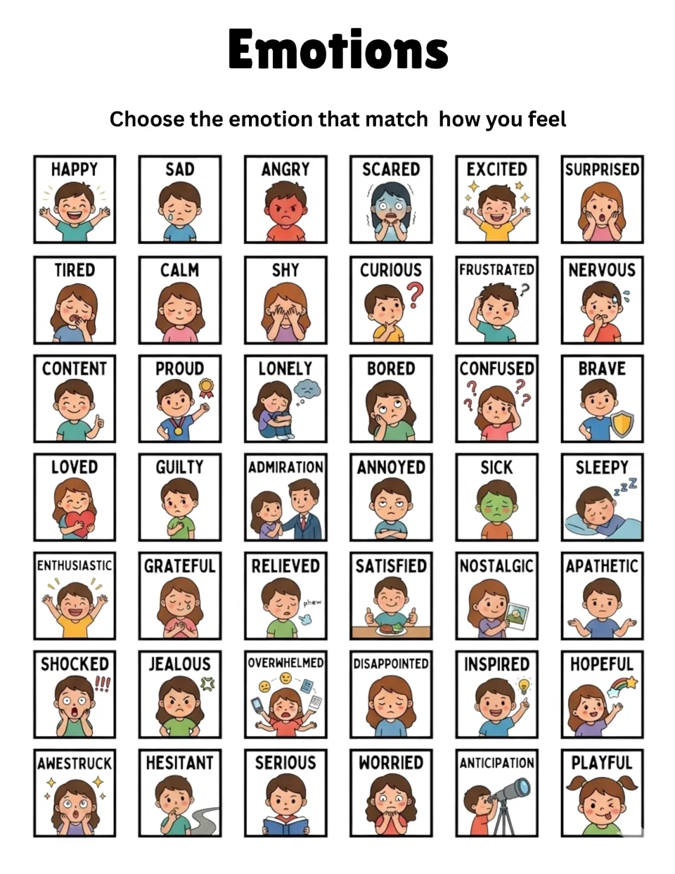 Emotions selection bank offers 42 labeled pictures, including happy, sad, angry, scared, calm, and worried.
