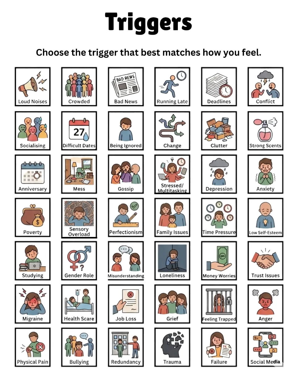 Triggers selection bank offers 42 labeled pictures, including loud noises, change, conflict, and bullying.