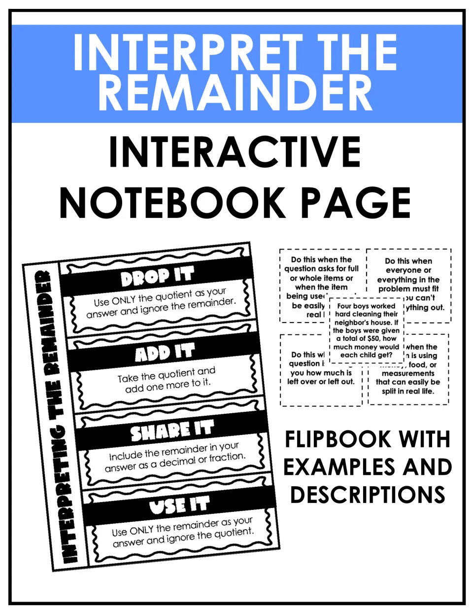 Interpreting remainders cover: a four-flap flipbook (drop it, add it, share it, use it) with example cards and descriptions