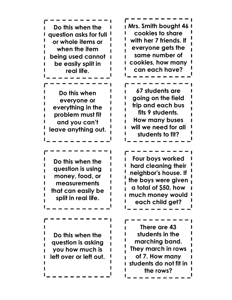 Cut-out cards: four when-to-use descriptions and four division word problems about cookies, buses, $50 and a marching band
