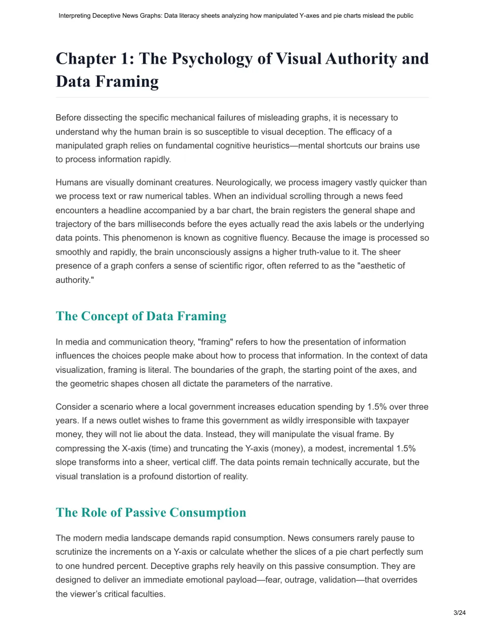 Chapter 1 on why graphs feel authoritative: students read about cognitive fluency, data framing and passive consumption