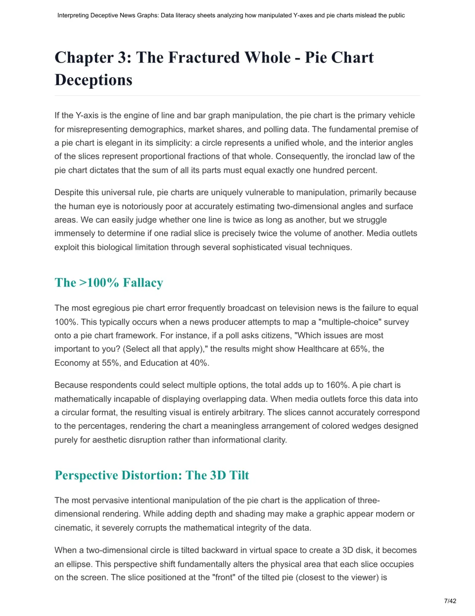 Chapter 3 on pie chart deceptions: students read about the 100% rule, a 160% select-all poll and the 3D tilt distortion