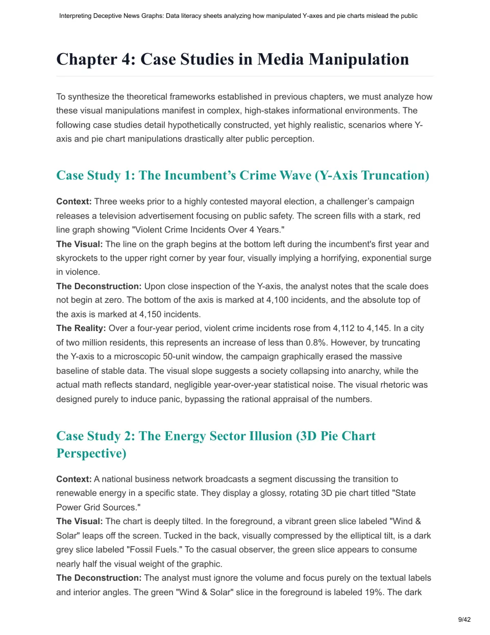 Chapter 4 case studies: students analyze a truncated crime graph (4,112 to 4,145) and a 3D energy pie chart