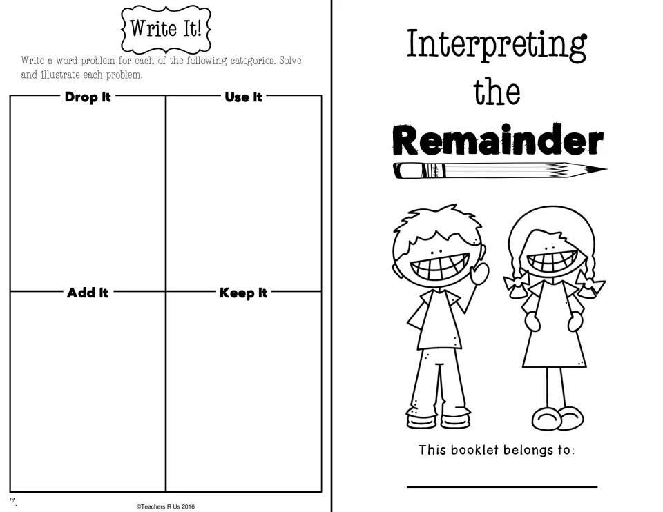 Write It!: students write, solve and illustrate their own Drop It, Use It, Add It and Keep It word problems; booklet cover