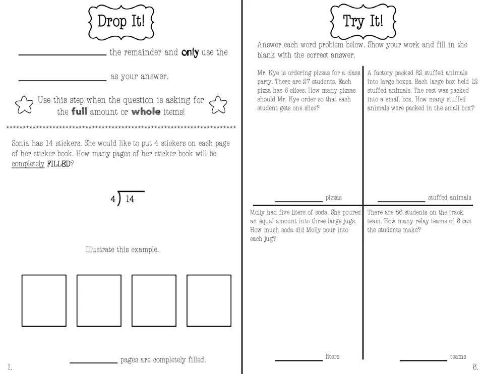 Drop It remainder notes: fill in the rule and model 14 stickers ÷ 4; Try It! mixed problems: pizzas, boxes, soda, teams