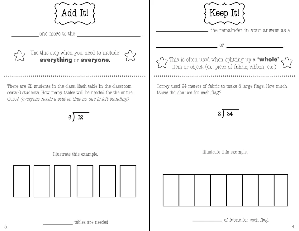 Add It and Keep It notes: complete each rule, then solve 32 students at tables of 6 and 34 m of fabric for 8 flags