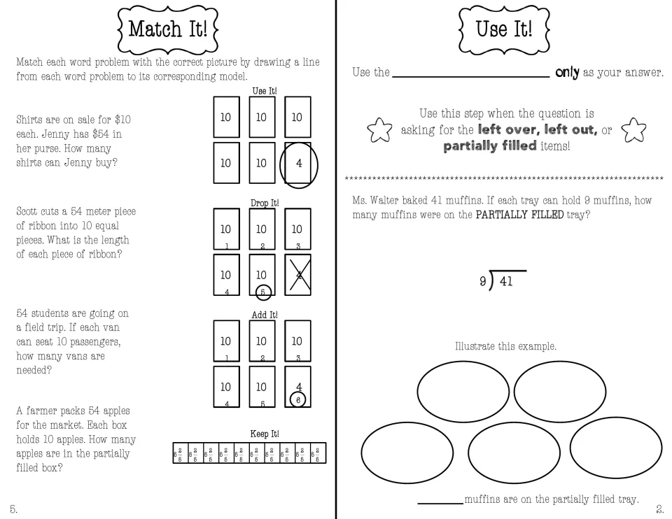 Match It!: draw lines linking four 54-item word problems to Use It, Drop It, Add It and Keep It models; Use It notes