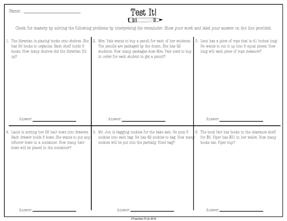 Test It!: six remainder word problems on shelves, pencils, rope, bows, cookies and books, each labeled on an answer line