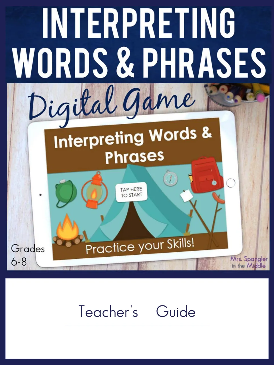 Interpreting Words & Phrases Digital Game teacher's guide cover, grades 6-8, showing a camping-themed game start screen