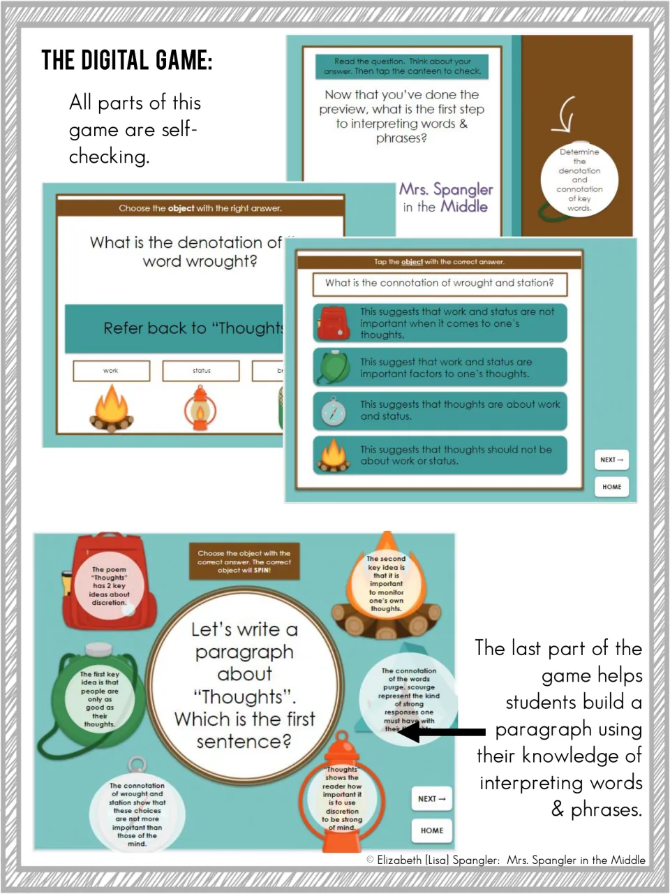 Game screens: students tap objects to answer denotation and connotation questions on 'Thoughts', then build a paragraph