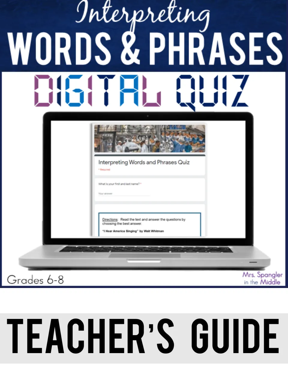 Interpreting Words & Phrases Digital Quiz teacher's guide cover, Grades 6-8, showing the Google Form quiz on a laptop