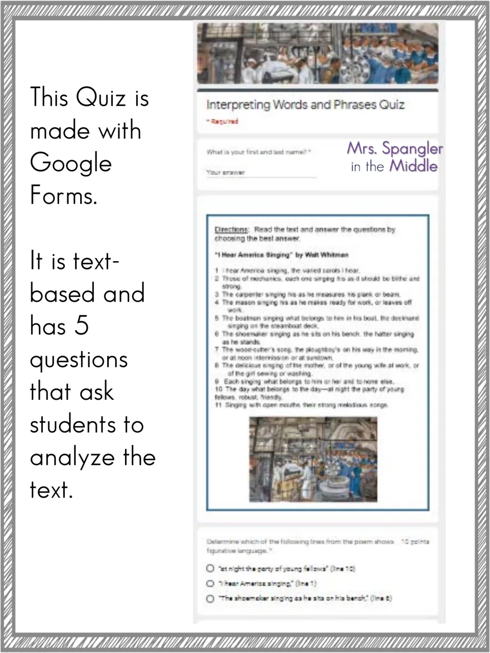 Quiz overview: screenshot of a Google Forms quiz with 5 text-based questions on Walt Whitman's I Hear America Singing